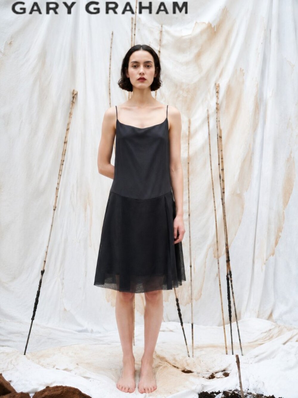 GARY GRAHAM Black Silk Slip Dress Organza Overlay Sheer Layered SZ 8